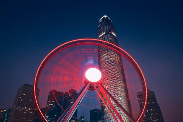 Nightlife in Hong Kong. Observation Wheel against urban skyline with skyscrapers.