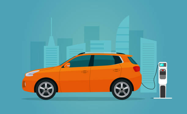 ilustraciones, imágenes clip art, dibujos animados e iconos de stock de cuv compacto eléctrico aislado. el coche eléctrico se está cargando, vista lateral. ilustración plana vectorial. ilustración de estilo plano vectorial. - coche pequeño