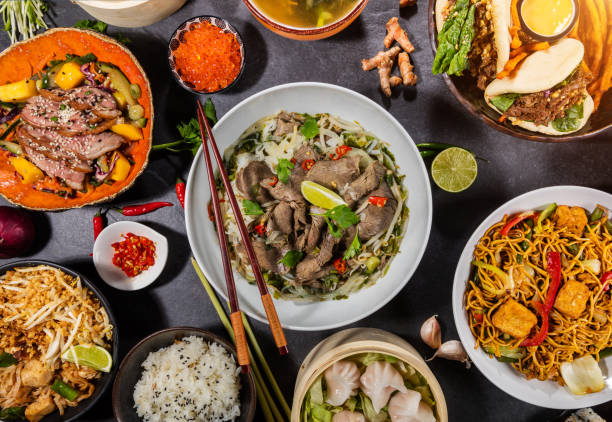 istock Top view composition of various Asian food in bowl 1184365559