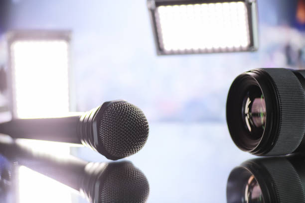 istock The microphone on the stage in front of the hall. Performance on stage. 1184365805