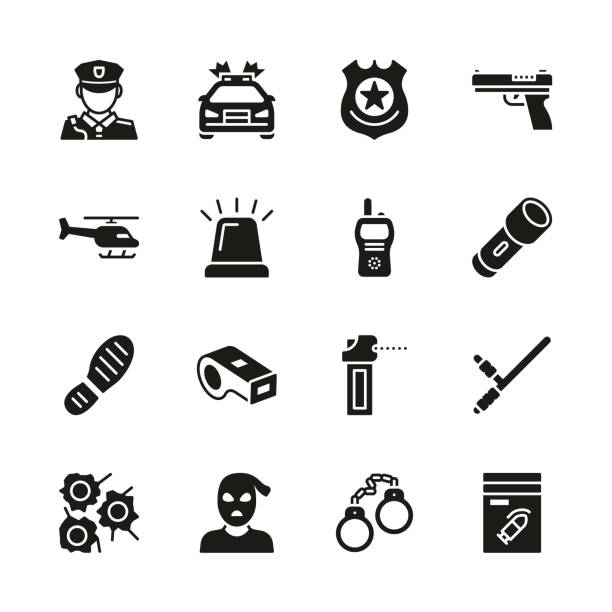 경찰 아이콘 흑백 세트 - crime flashlight detective symbol stock illustrations