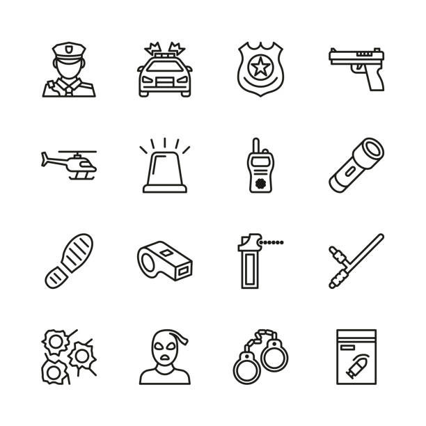 illustrazioni stock, clip art, cartoni animati e icone di tendenza di set di linee sottili icone della polizia - criminale