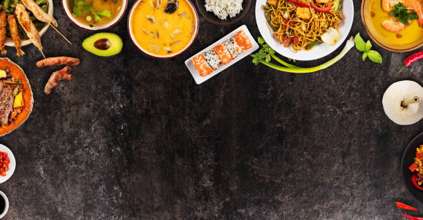 istock Top view composition of various Asian food in bowls 1184366039