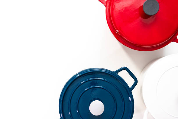 istock Red, white and blue enameled cast iron covered round dutch ovens 1184367001