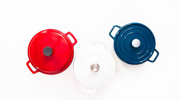 istock Red, white and blue enameled cast iron covered round dutch ovens 1184367199