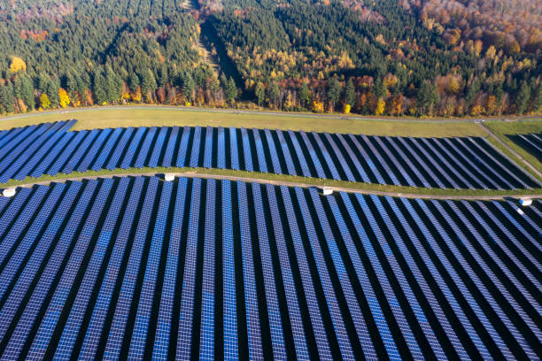 Aerial view of a solar energy plant in a forest.