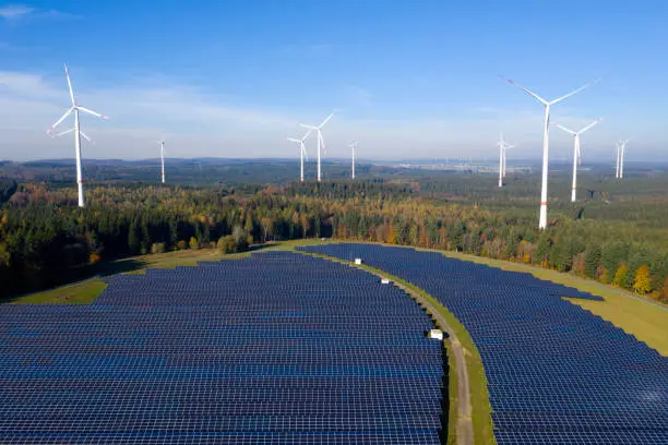 Photo of Solar Panels and Wind Turbines, Aerial View