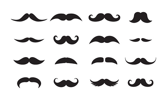 Male mustache styles black vector icons set. Various moustache types, men facial hair silhouette illustrations isolated on white background. Barbershop logotype decorative design elements pack