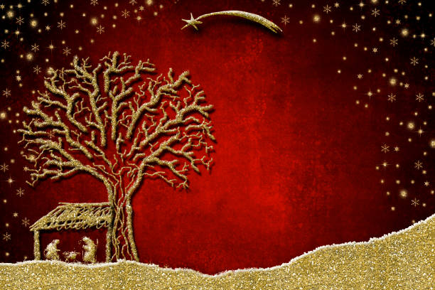 Christmas Nativity Scene greetings cards, abstract freehand drawing of Nativity scene and tree with golden glitter Christmas Nativity Scene greetings cards, abstract freehand drawing of Nativity scene and tree with golden glitter, red background with copy space. religious christmas greetings stock pictures, royalty-free photos & images