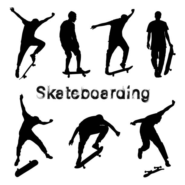 ilustrações de stock, clip art, desenhos animados e ícones de big set of black skateboarder silhouettes. skate trick ollie. skateboarder is rides, pushes off the ground, jumping, standing on the board. guy with the skateboard. isolated vector illustration. grunge style textured text. - skateboarding skateboard silhouette teenager