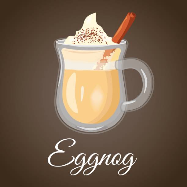 Christmas Eggnog. Hot cocktail with cinnamon and creamy foam. On brown background. Vector illustration for any design. Eazy to modify. Resize at any size. christmas eggnog stock illustrations