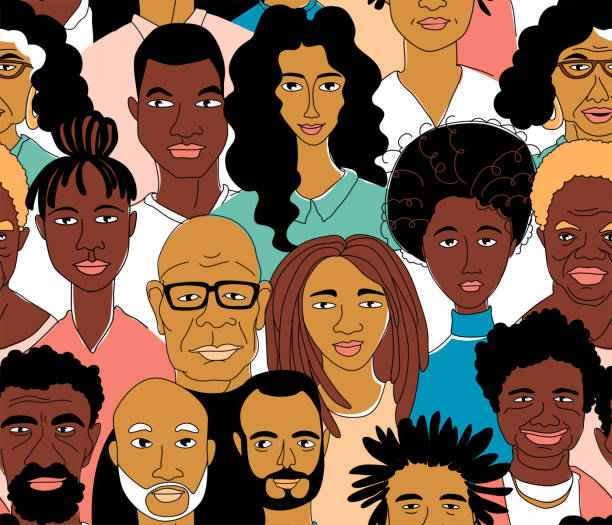 istock Black Women's men's head portraits line drawing doodle poster seamless pattern 1184380695