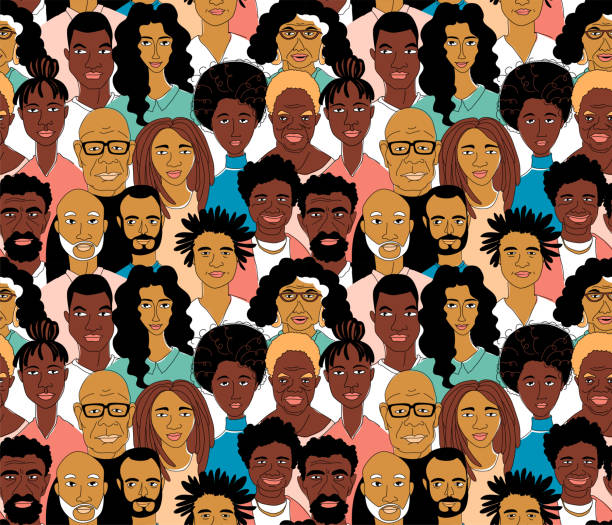 Black Women's men's head portraits line drawing doodle poster seamless pattern Young, middle age, senior adult women's men's head seamless pattern background. Diversity black african afro american crowd group of people. Hand drawn line drawing doodle vector illustration poster crowd of people backgrounds stock illustrations
