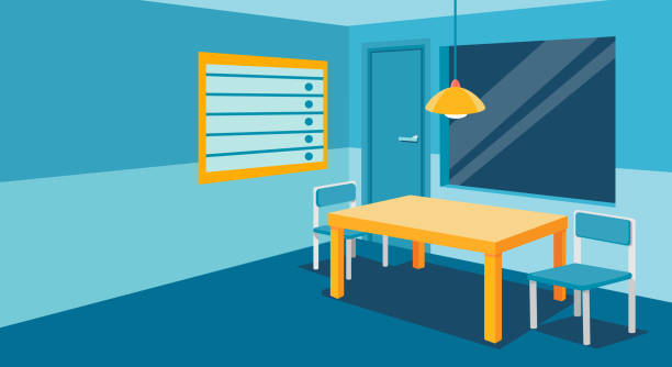 Interrogation room in police station, empty interior for questioning crimes with table and two chair, height scale and glass window, door, place for interview arrested people. Vector flat illustration Interrogation room in police station, empty interior for questioning crimes with table and two chair, height scale and glass window, door, place for interview arrested people. Vector illustration. police interview stock illustrations