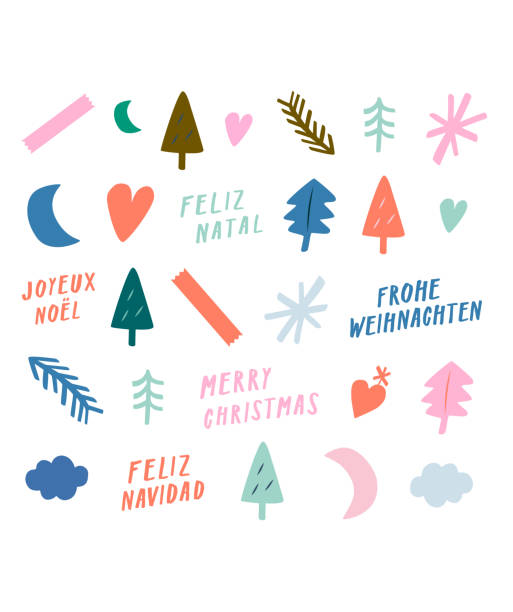 ilustrações de stock, clip art, desenhos animados e ícones de merry christmas! modern x-mas sticker sheet. cute trendy vector. arty add-ons for social media, retail, logos, emblems. quirky multicolored icons in pastel tones. unique holiday art with hand lettering, cute decoration christmas trees, heart, snowflake - symbol snowflake doodle heart shape