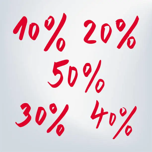 Vector illustration of Vector handwritten lettering numbers 10%, 20%, 30%, 40%, 50%