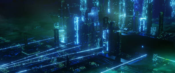 istock Technological digital background consisting of a futuristic city 1184384424