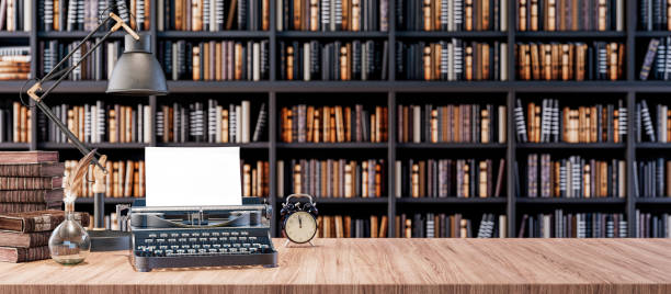 Office desk with old typewriter and Bookshelves in the library with old books 3d render