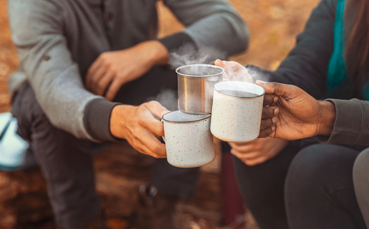 Hands of international hikers cheering up with camping cups, camping in forest, close up