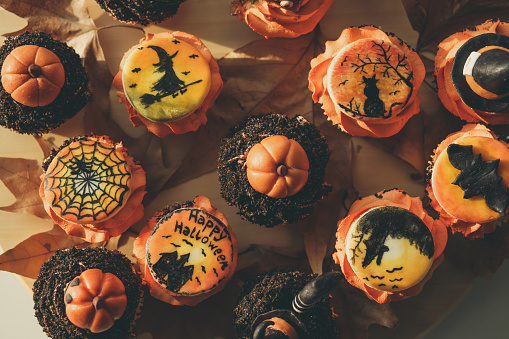 Directly above shot of delicious and creatively designed cupcakes arranged on a plate, ready for Halloween party.