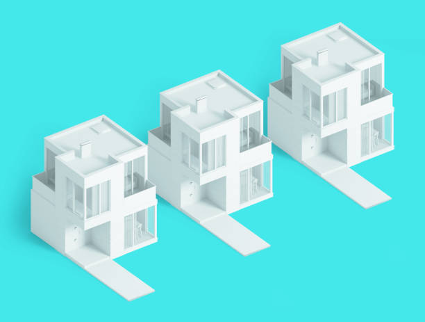 istock Background with isometric image of modern small houses on a rich blue background. 3D illustration 1184386366