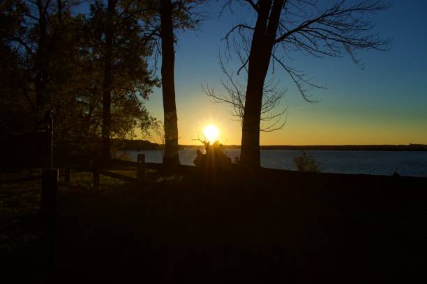 istock Sun setting over Belmont Bay with silhouette of trees and cliff 1184387148