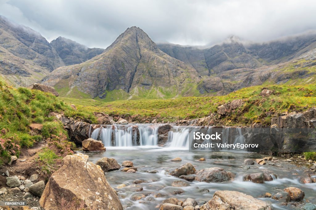 Fairy Pools waterfall View of waterfall on river Allt Coir a Mhadaidh at Fairy Pools in Glen Brittle, Isle of Skye, Scotland Fairy Stock Photo