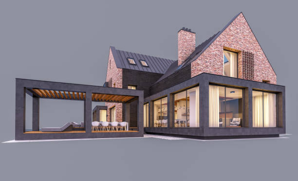 istock 3d rendering of modern clinker house on the ponds with pool in evening isolated on gray 1184387764