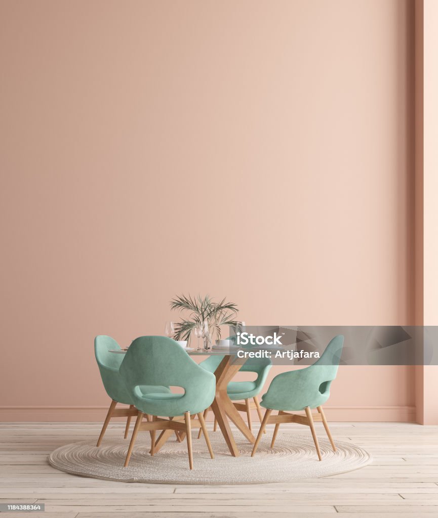 Wall, poster mock up in dining room, minimalist interior Wall, poster mock up in dining room, minimalist interior, 3d render Indoors Stock Photo