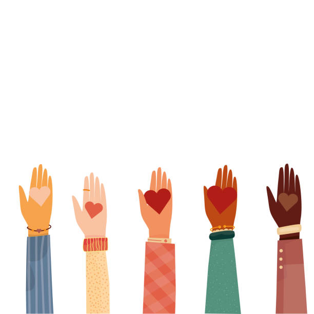 Modern vector illustration of charity and donation. Hands with a heart symbol. for social activity. International people give hearts and love. Modern vector illustration of charity and donation. Hands with a heart symbol. for social activity. International people give hearts and love diversity hands forming heart stock illustrations