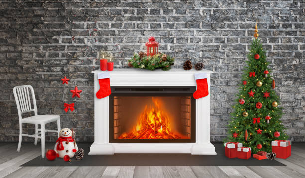 istock Decorated fireplace and Christmas tree. Brick wall in background. Christmas socks on fireplace. 1184390038