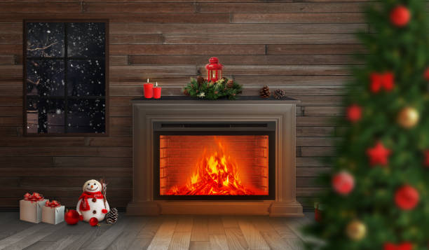 istock Decorated Christmas tree nad fireplace in room. Evening Christmas scene with decorations and gifts. It is snowing outside. 1184390040