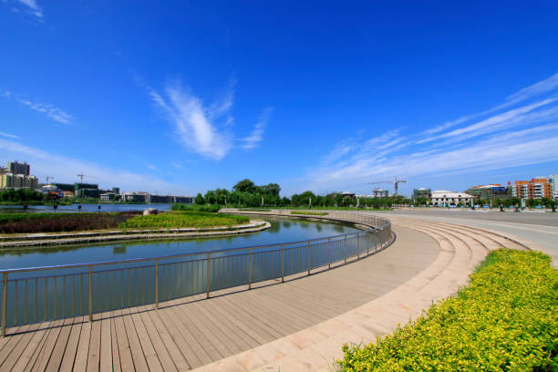istock Wide water surface and high rise buildings in a park 1184390194