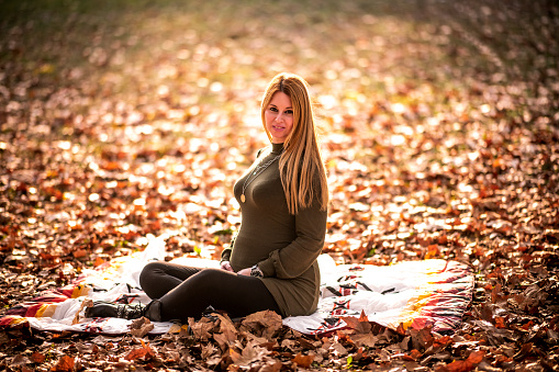 A beautiful pregnant lady sitting on a picnic blanket in a park during autumn season.