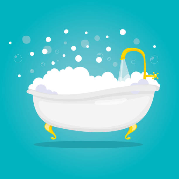 ilustrações de stock, clip art, desenhos animados e ícones de modern vector illustration of bathtub with foam shower and soap bubbles - bathtub
