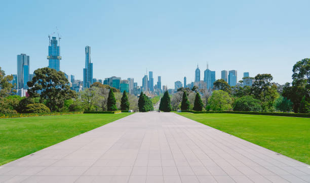 melbourne cityscape view - melbourne cityscape clear sky day imagens e fotografias de stock