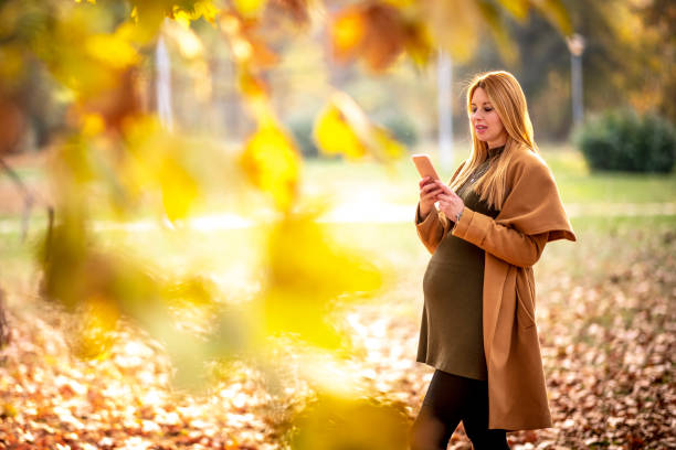 istock Blond pregnant lady using a mobile phone while walking through the natural parkland during autumn 1184393213