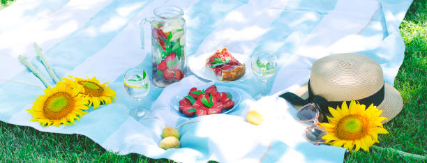Picnic with bright and tasty food, fruits and accessories.