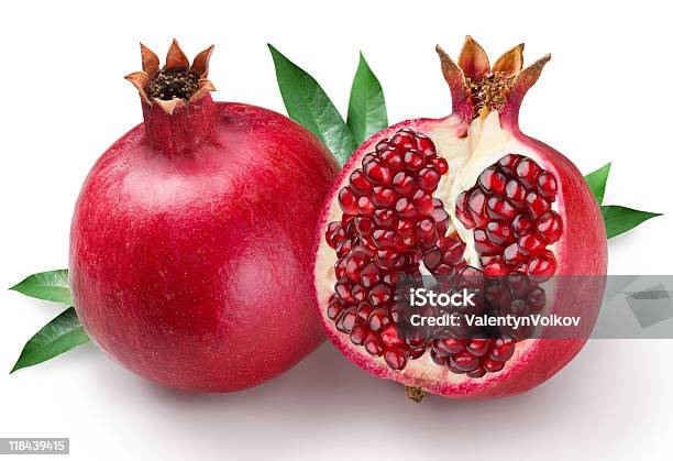 Two Pomegranates One With Seeds Exposed Stock Photo - Download Image Now - Pomegranate, Fruit, Cut Out