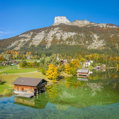 Aerial panorama of the beautiful village Altaussee on this stunning autumn day. Austrian Alps Panorama. Converted from RAW.