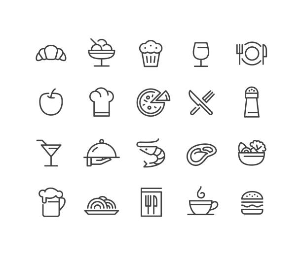 restaurant icons - classic line serie - cooking clothing foods and drinks equipment stock-grafiken, -clipart, -cartoons und -symbole