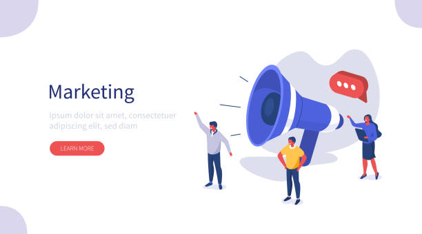 marketing People use Big Loudspeaker to Communicate with Audience. PR Agency Team work on Social Media Promotion. Public Relation, Digital Marketing and Media Concept. Flat Isometric Vector Illustration. announcement message illustrations stock illustrations