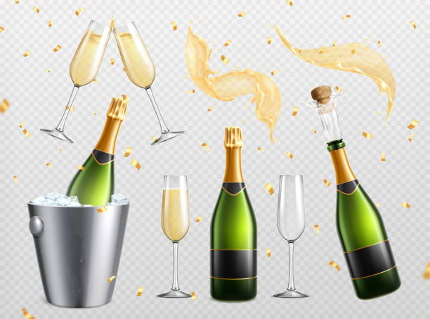 ilustraciones, imágenes clip art, dibujos animados e iconos de stock de set transparente champagne essentials - champagne