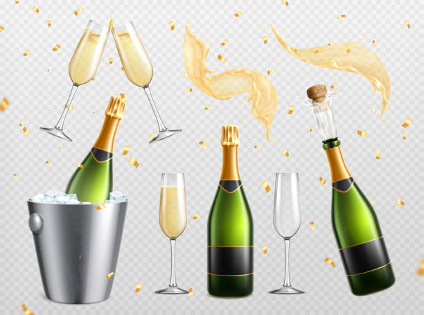 Champagne Essentials Transparent Set Champagne realistic transparent set with isolated splashes drops and drinking glasses with bottles in ice bucket vector illustration Champagne stock illustrations