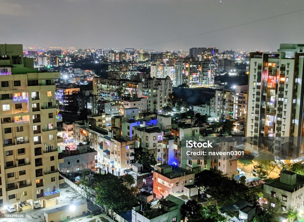 Growing Asian cities - night view of Pune city in India during Diwali festival India Stock Photo