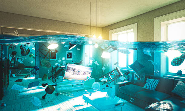 istock modern living room flooded with floating objects. 1184399268