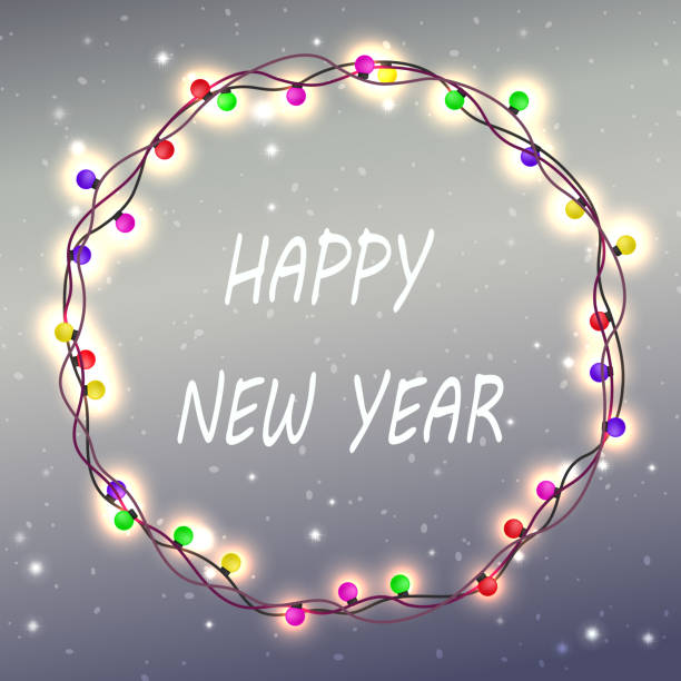 istock Christmas light purple design with a wreath of burning light bulbs 1184401505