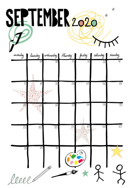 vector illustration of a hand drawn calendar of september 2020 with colored doodles vector art illustration