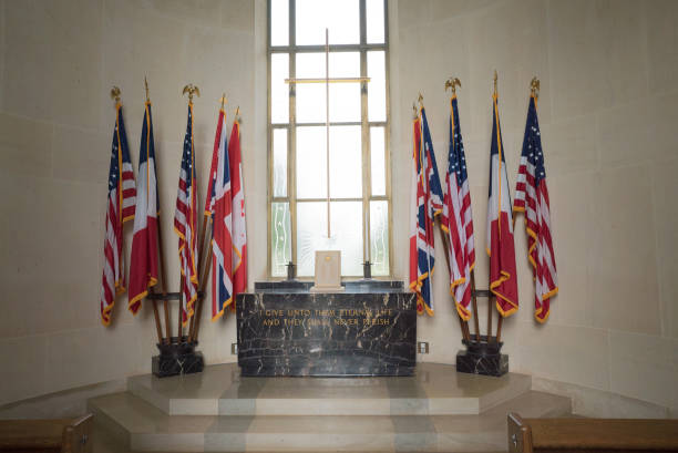 interior view of the multi-confessional chapel in the American Cemetery at Omaha Beach Colleville-sur-Mer, Calvados, Normandy / France - 16 August 2019: interior view of the multi-confessional chapel in the American Cemetery at Omaha Beach world war ii cemetery allied forces d day stock pictures, royalty-free photos & images