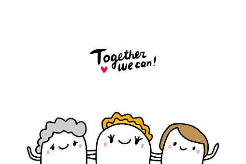 Together we can hand drawn vector illustration in cartoon comic style women friendship